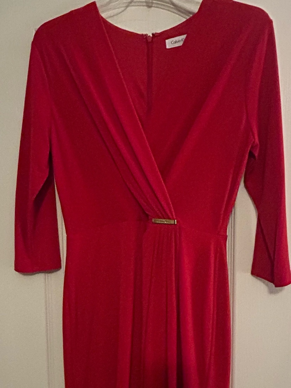 Calvin Klein Vibrant Red Faux-Wrap Long Sleeve Dress